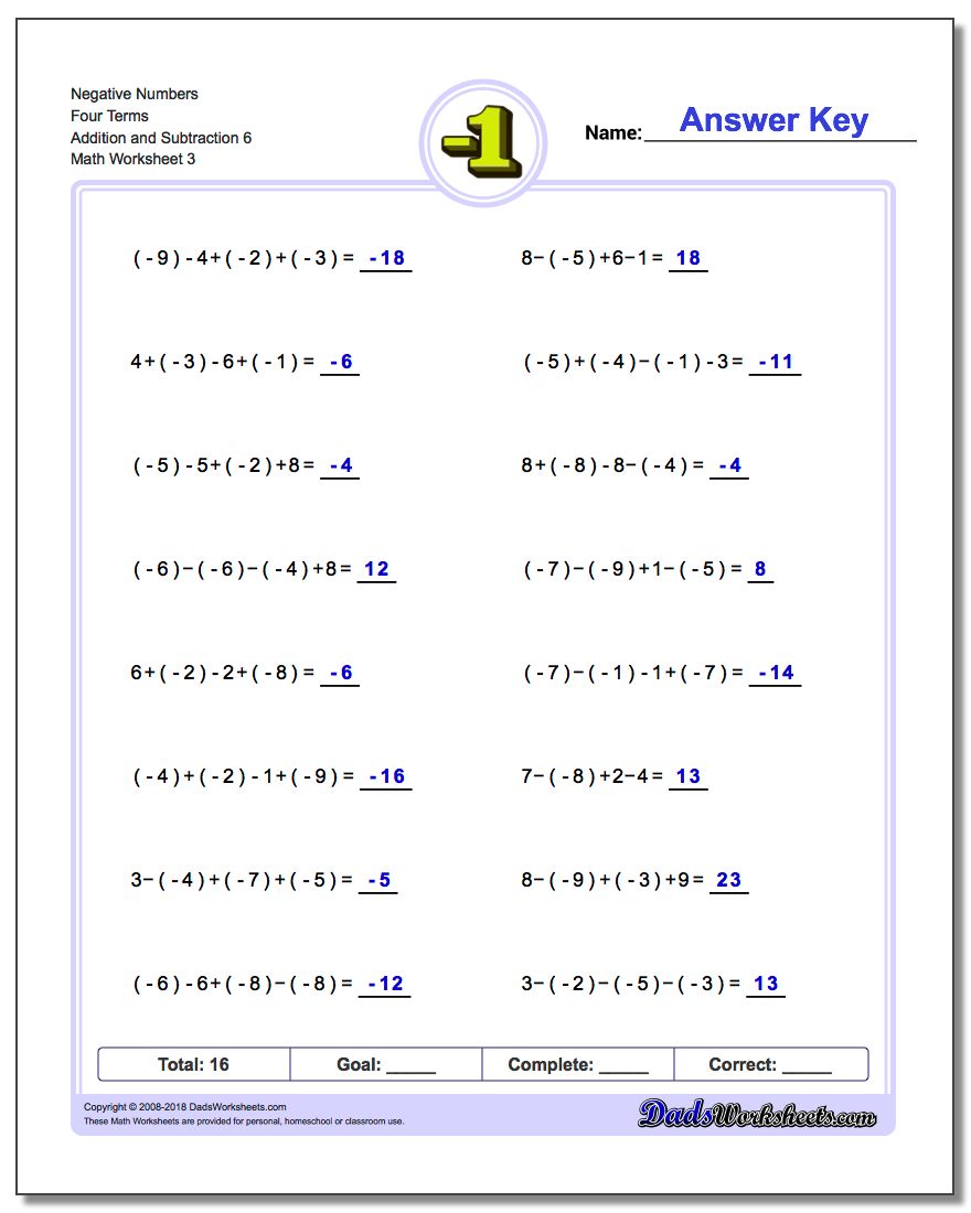 Negative Numbers Four Terms Addition Worksheet and Subtraction Worksheet 6