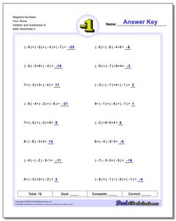 Negative Numbers Four Terms Addition Worksheet and Subtraction Worksheet 6