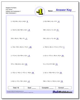 Negative Numbers Four Terms Addition Worksheet and Subtraction Worksheet 7