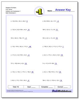 Negative Numbers Four Terms Addition Worksheet and Subtraction Worksheet 7