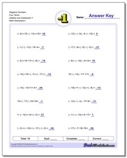 Negative Numbers Four Terms Addition Worksheet and Subtraction Worksheet 7