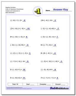 Negative Numbers Order of Operations Parentheses Addition Worksheet and Subtraction Worksheet 8