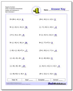 Negative Numbers Order of Operations Parentheses Addition Worksheet and Subtraction Worksheet 9