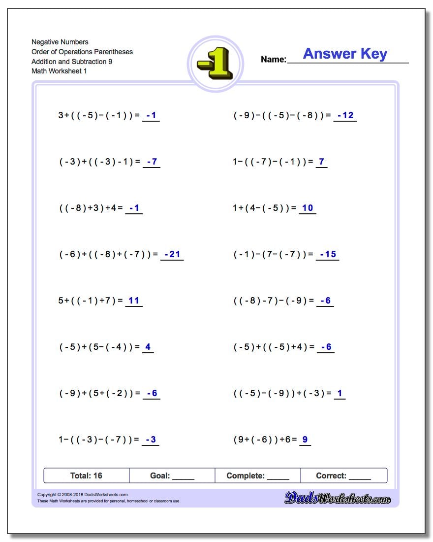 Adding and Subtracting Negative Numbers Worksheets