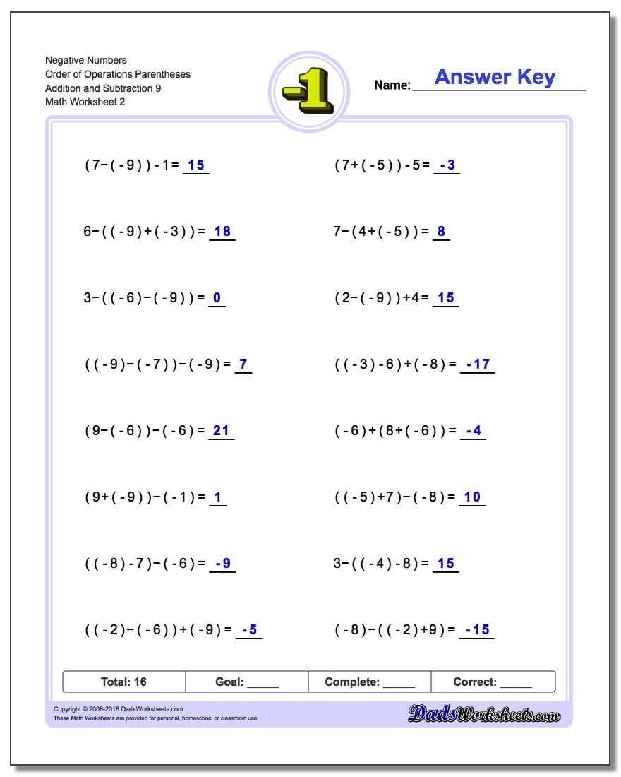 Adding and Subtracting Negative Numbers Worksheets