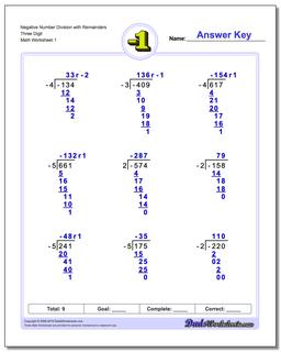 Negative Numbers Number Division Worksheet with Remainders Three Digit