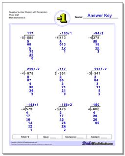 Negative Number Division Worksheet with Remainders Three Digit