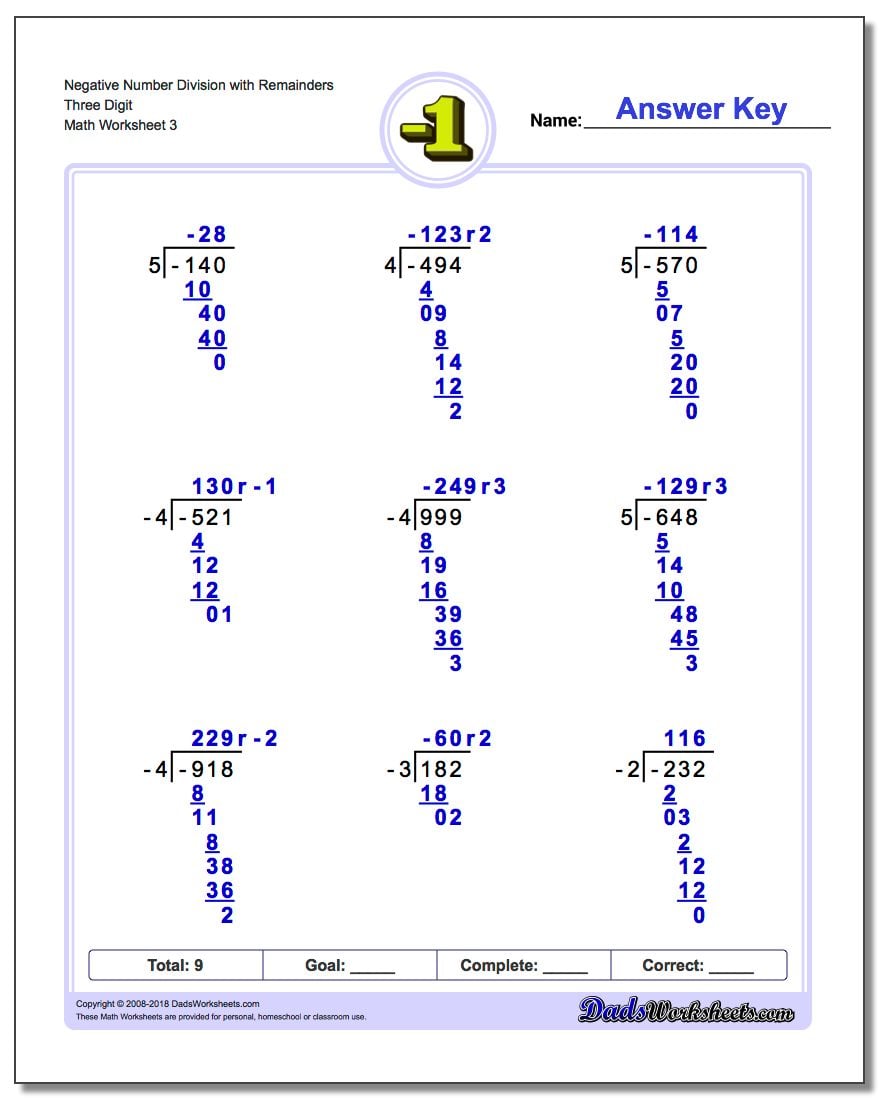 Negative Number Division Worksheet with Remainders Three Digit