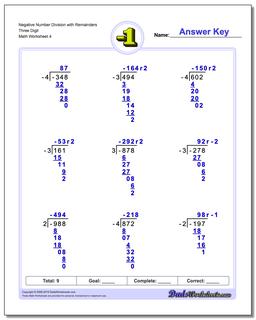 Negative Number Division Worksheet with Remainders Three Digit