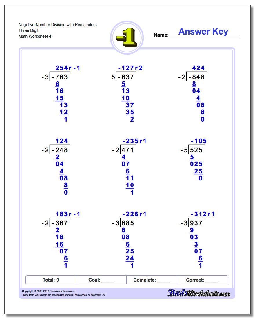Negative Number Division Worksheet with Remainders Three Digit