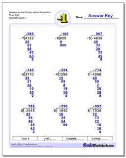 Negative Number Division Worksheet without Remainders Three Digit