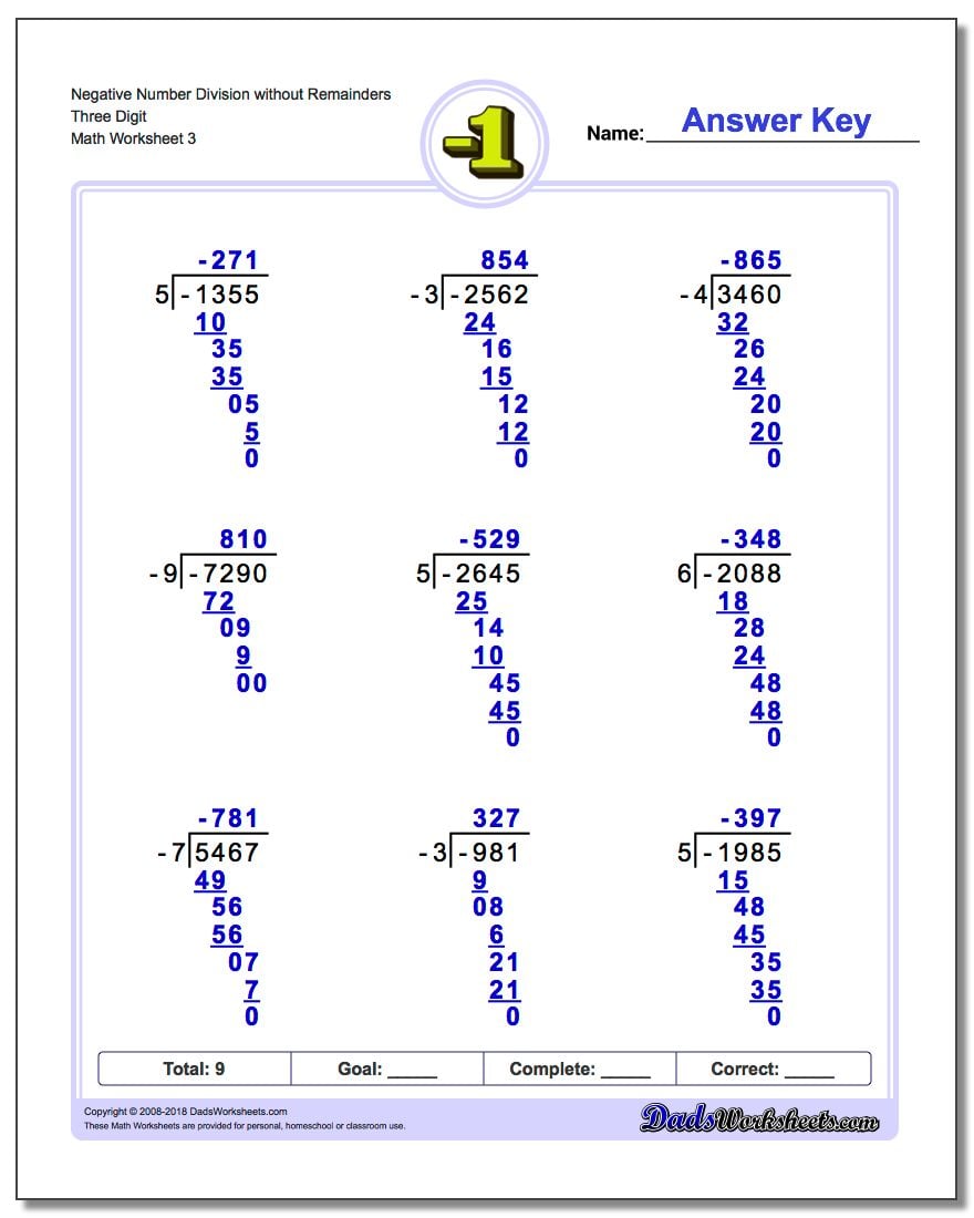 Negative Number Division Worksheet without Remainders Three Digit