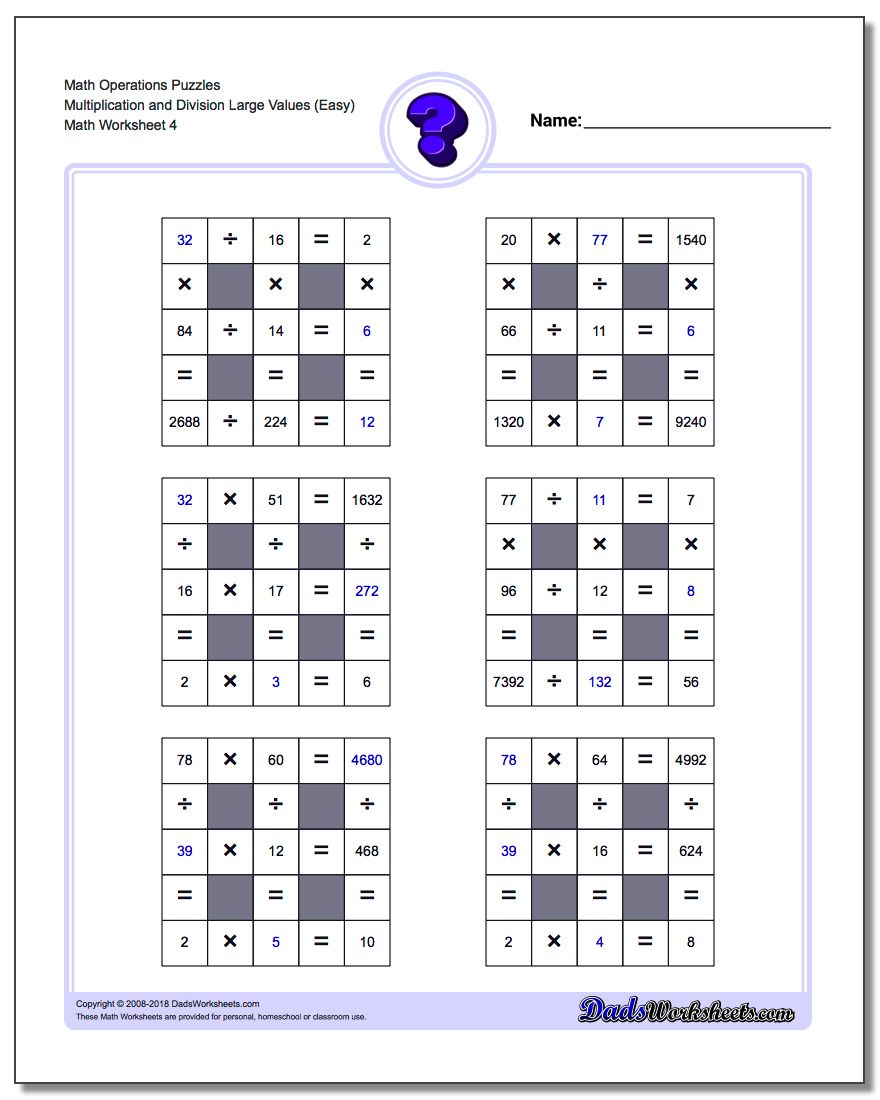 Math Operations Puzzle Multiplication and Division Large Values (Easy)