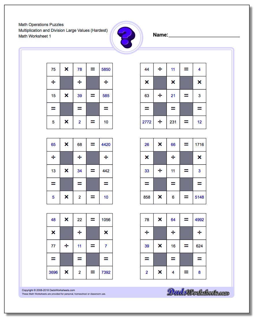 Number Grid Puzzle Math Operations Multiplication and Division Large Values (Hardest)