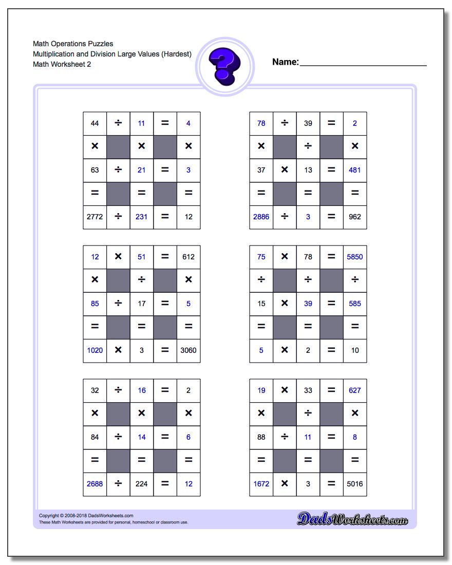Math Operations Puzzle Multiplication and Division Large Values (Hardest) www.dadsworksheets.com/worksheets/number-grid-puzzles.html