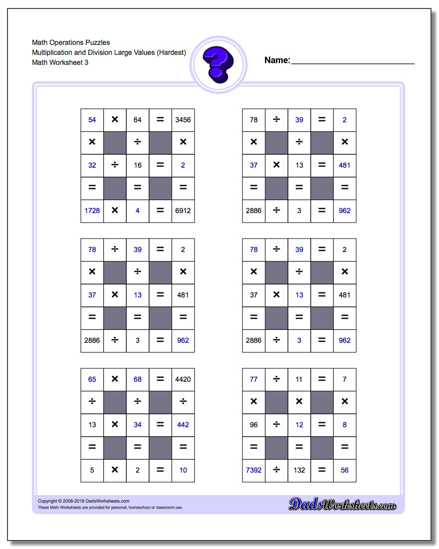 Math Operations Puzzle Multiplication and Division Large Values (Hardest)