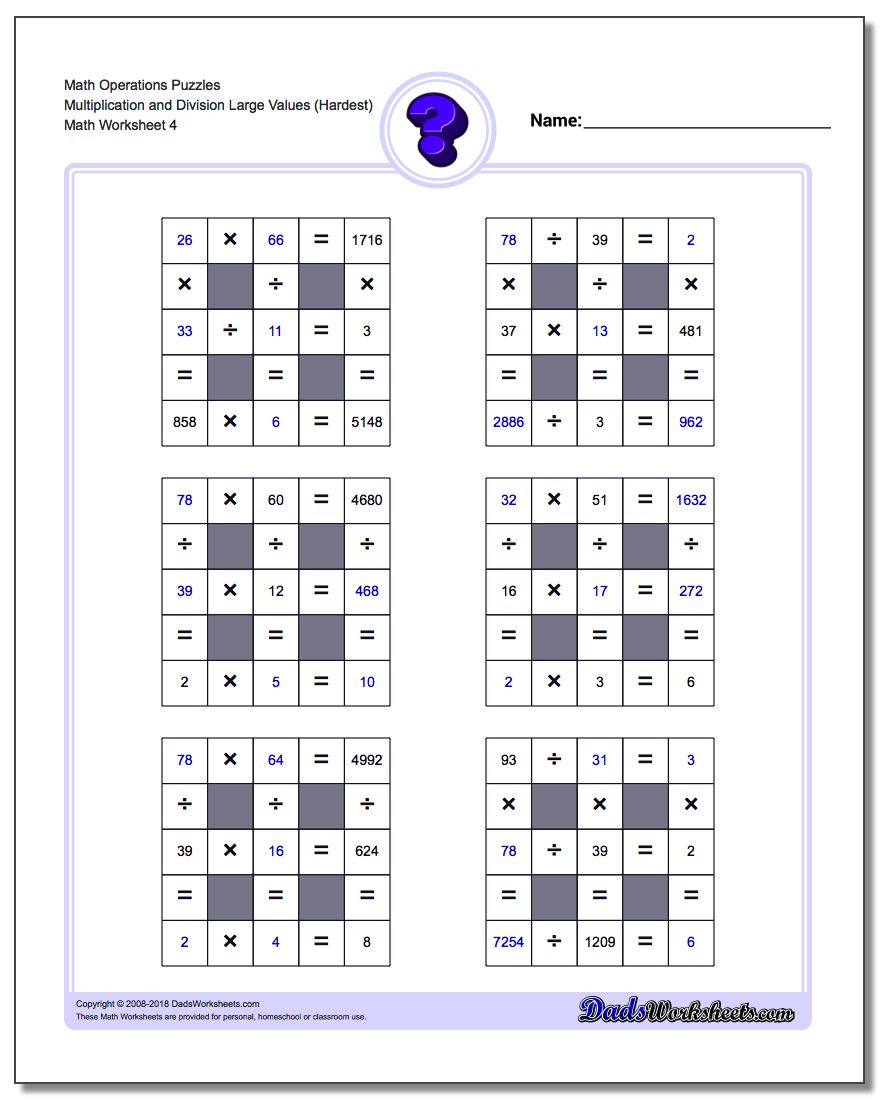 Math Operations Puzzle Multiplication and Division Large Values (Hardest)