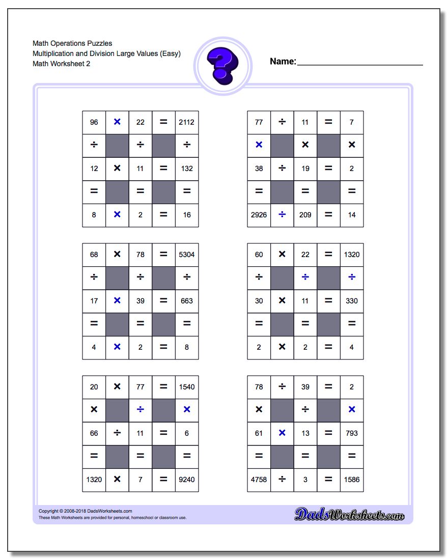 Math Operations Puzzle Multiplication and Division Large Values (Easy) www.dadsworksheets.com/worksheets/number-grid-puzzles.html