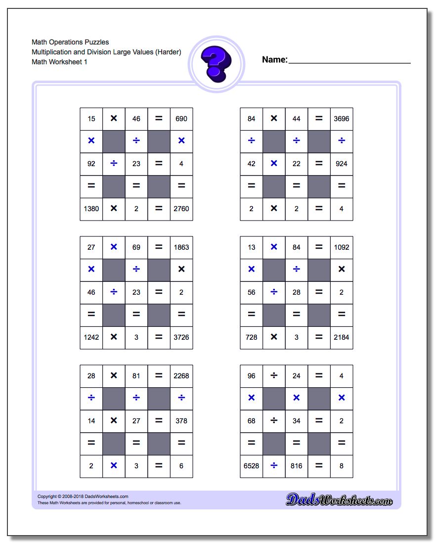 Number Grid Puzzle Math Operations Multiplication and Division Large Values (Harder)