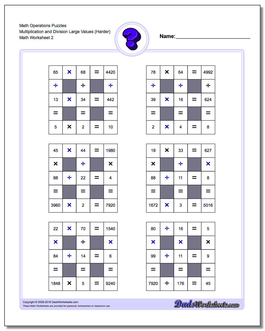 Math Operations Puzzle Multiplication and Division Large Values (Harder) www.dadsworksheets.com/worksheets/number-grid-puzzles.html