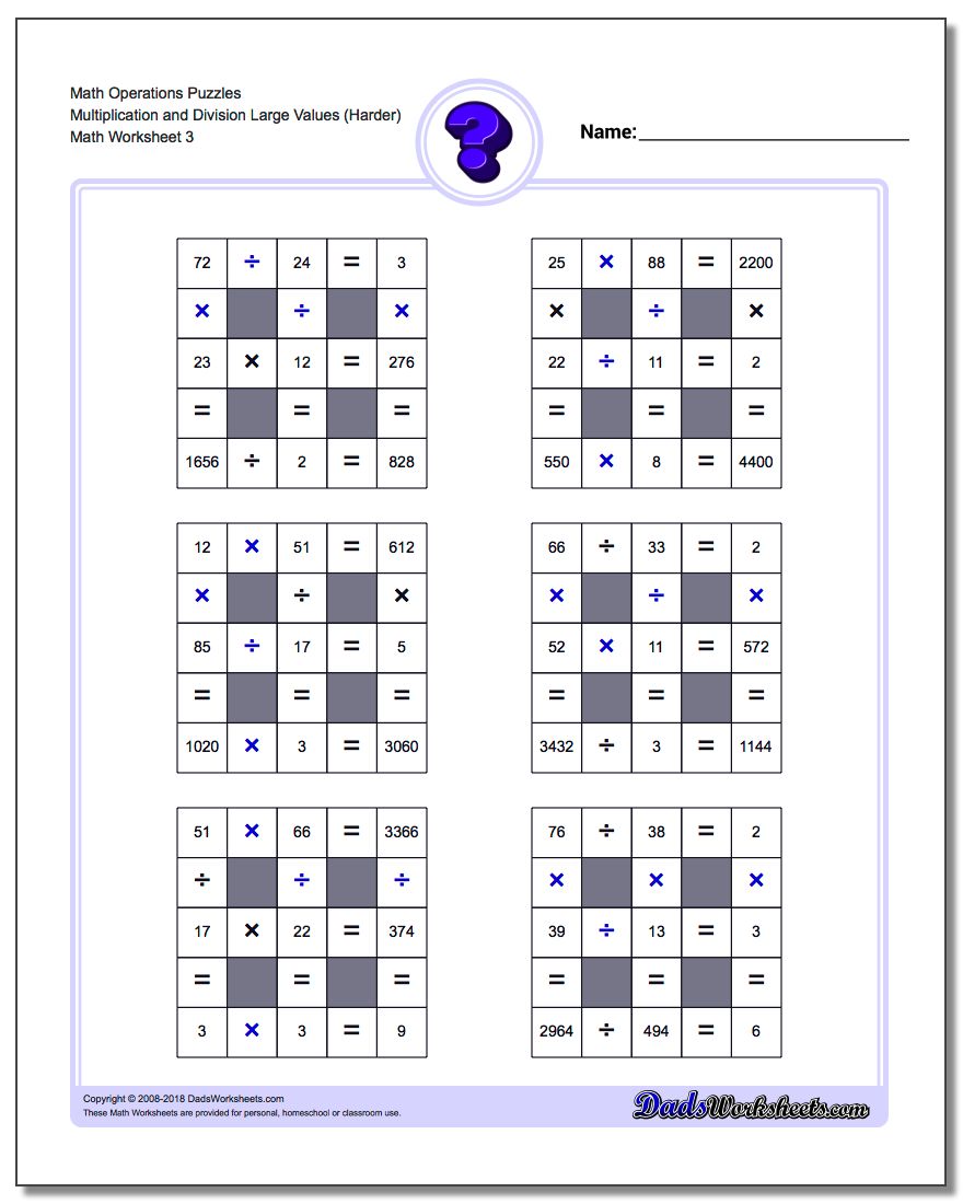 Math Operations Puzzle Multiplication and Division Large Values (Harder)