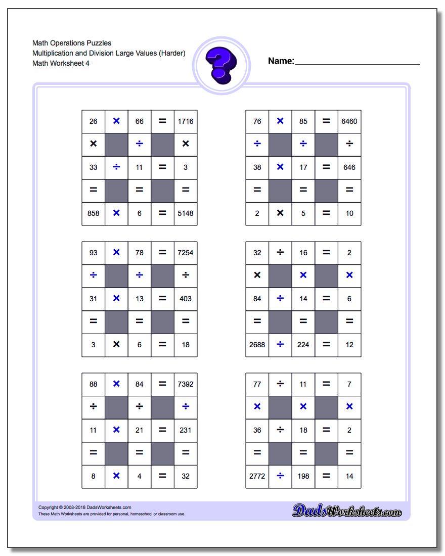 Math Operations Puzzle Multiplication and Division Large Values (Harder)