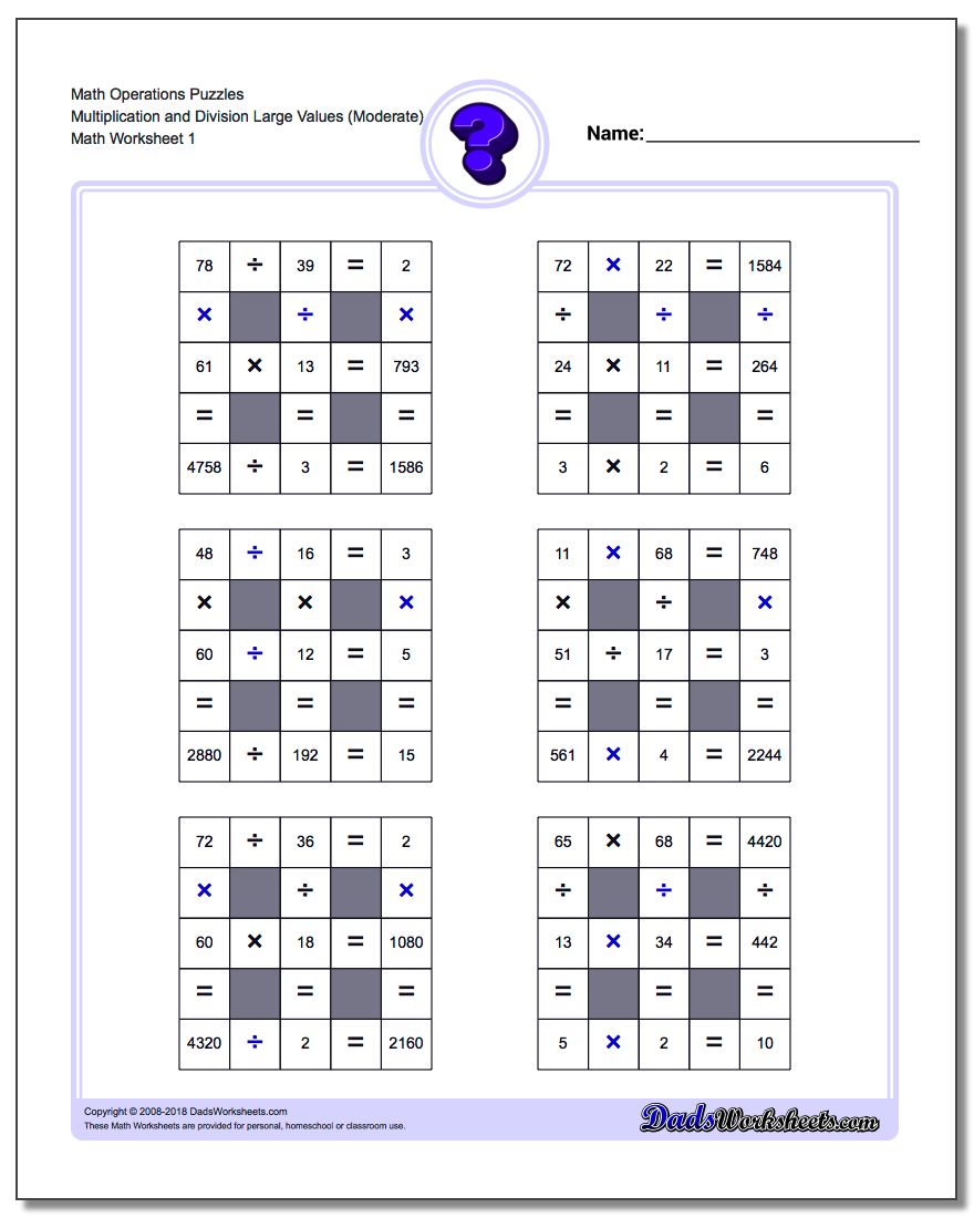 Number Grid Puzzle Math Operations Multiplication and Division Large Values (Moderate)