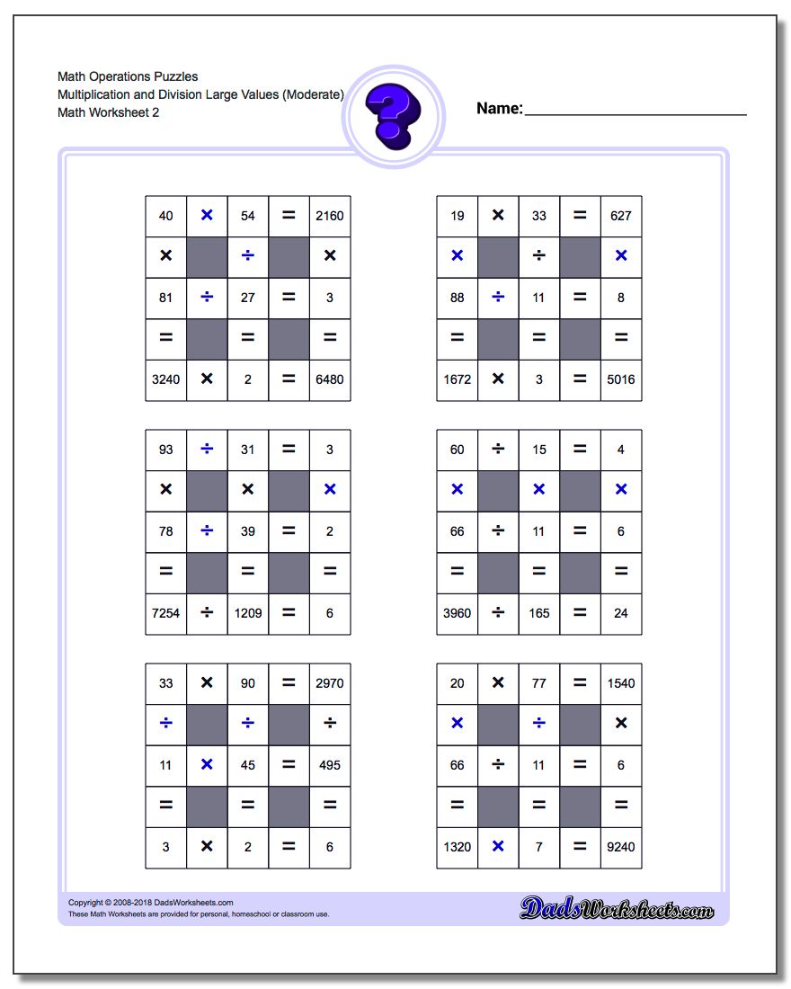 Math Operations Puzzle Multiplication and Division Large Values (Moderate) www.dadsworksheets.com/worksheets/number-grid-puzzles.html
