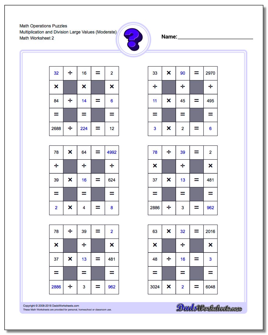 Math Operations Puzzle Multiplication and Division Large Values (Moderate) www.dadsworksheets.com/worksheets/number-grid-puzzles.html