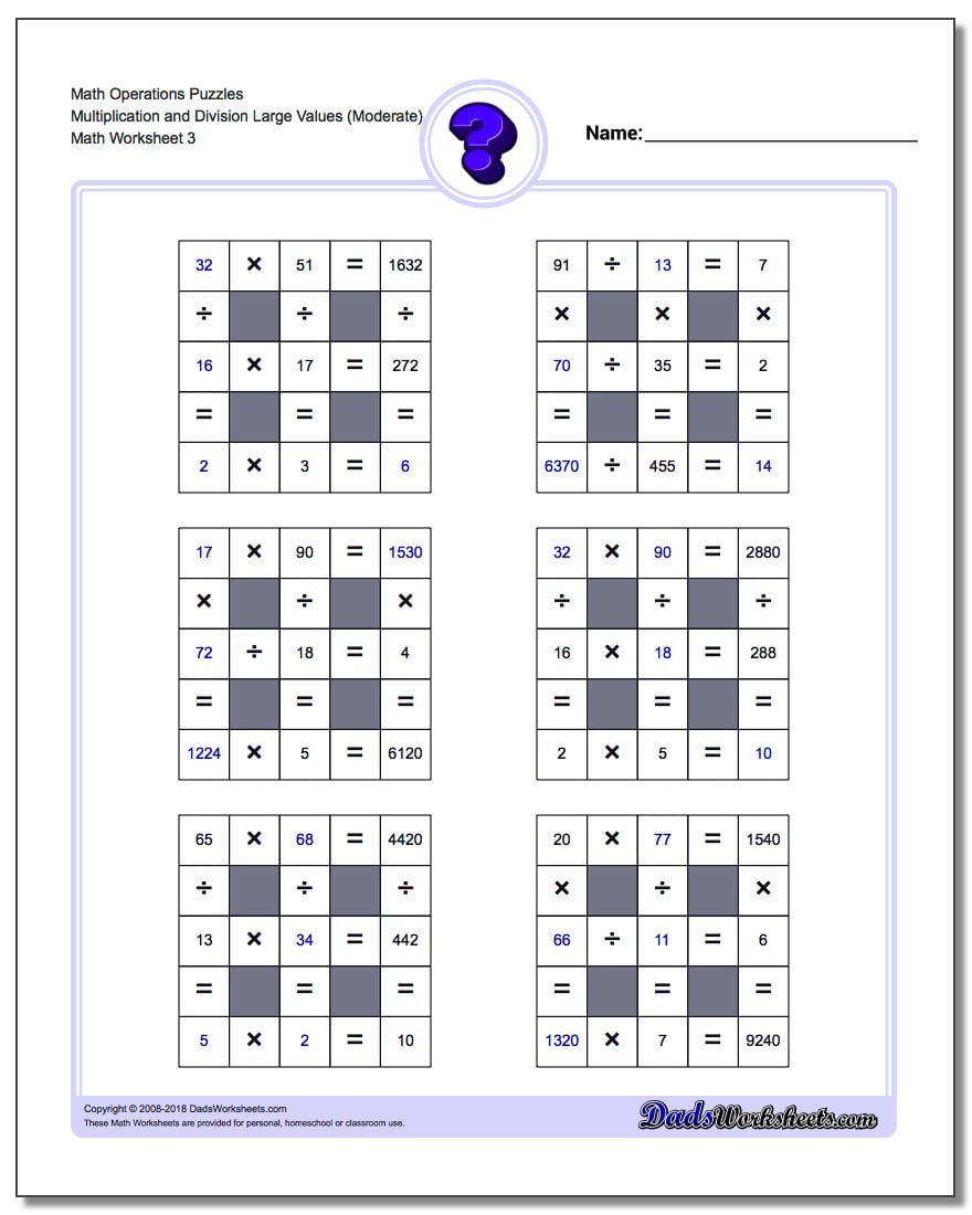 All Operations logic puzzles with Missing Values (Large)
