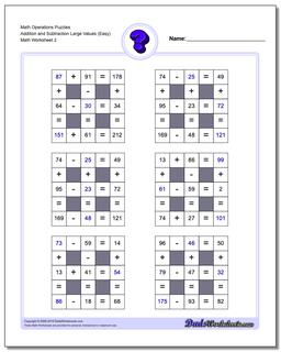 Math Operations Puzzle Addition and Subtraction Large Values (Easy) /worksheets/number-grid-puzzles.html