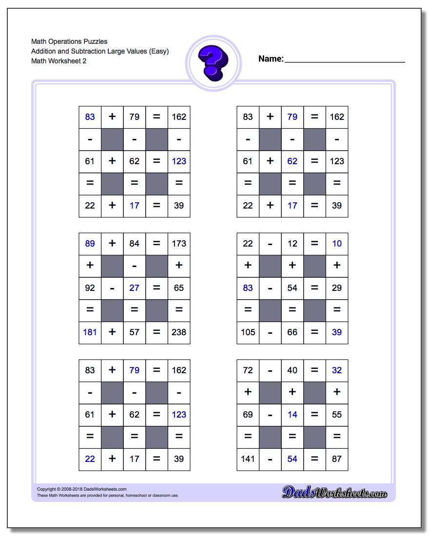 Math Operations Puzzle Addition and Subtraction Large Values (Easy) www.dadsworksheets.com/worksheets/number-grid-puzzles.html