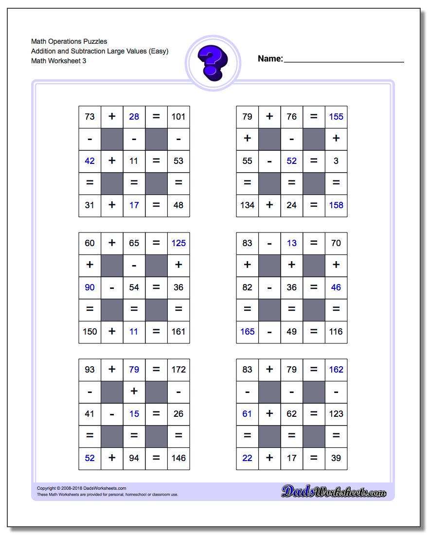 Math Operations Puzzle Addition and Subtraction Large Values (Easy)
