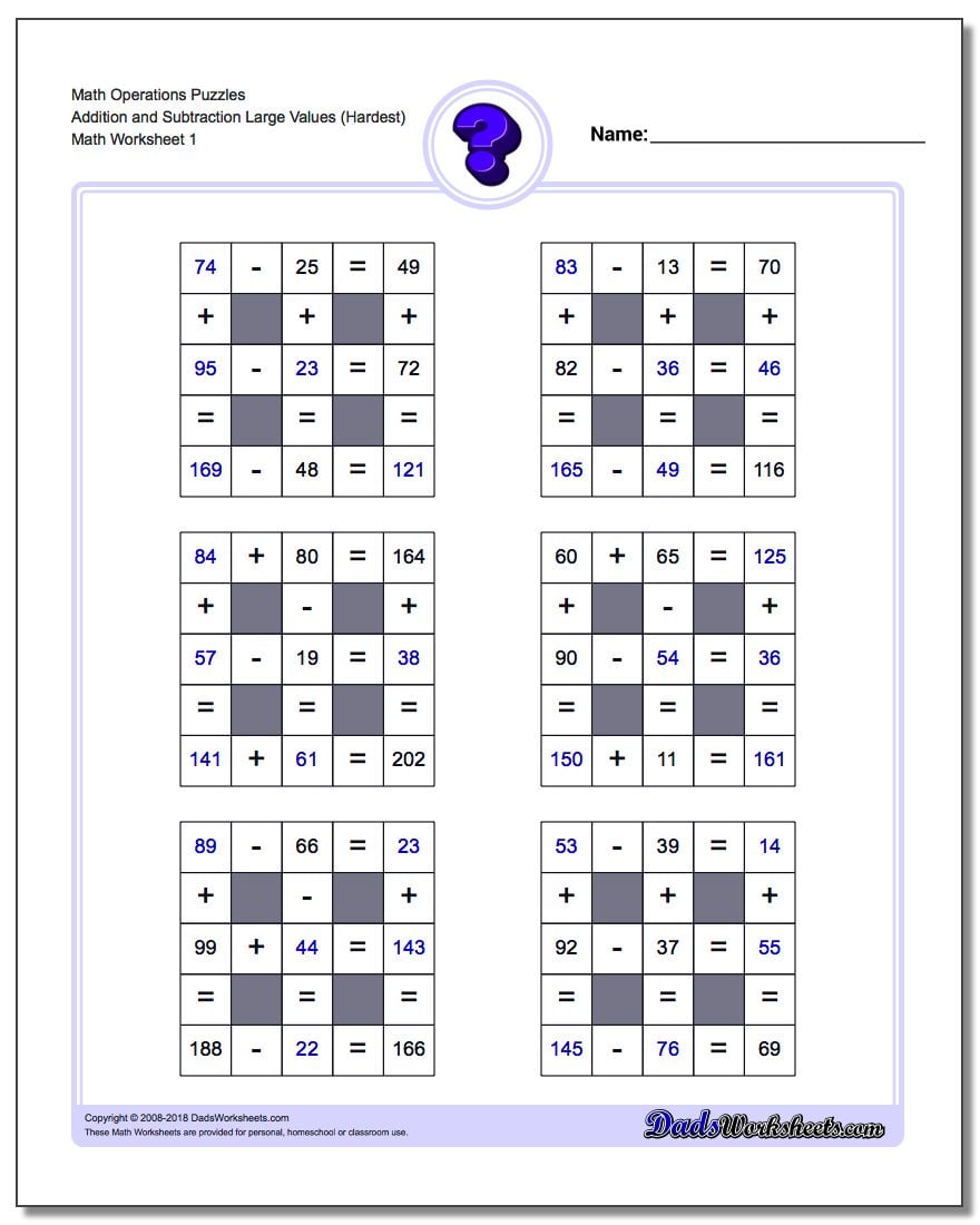 Addition and Subtraction with Missing Values (Large)