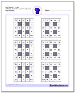 Math Operations Puzzle Addition and Subtraction Large Values (Hardest)