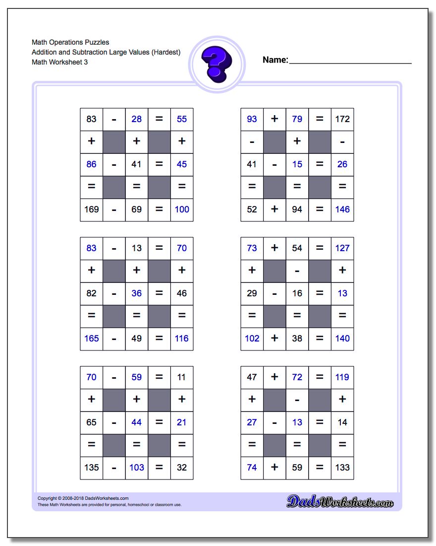 Math Operations Puzzle Addition and Subtraction Large Values (Hardest)