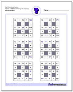 Number Grid Puzzle Math Operations Addition and Subtraction Large Values (Easy)