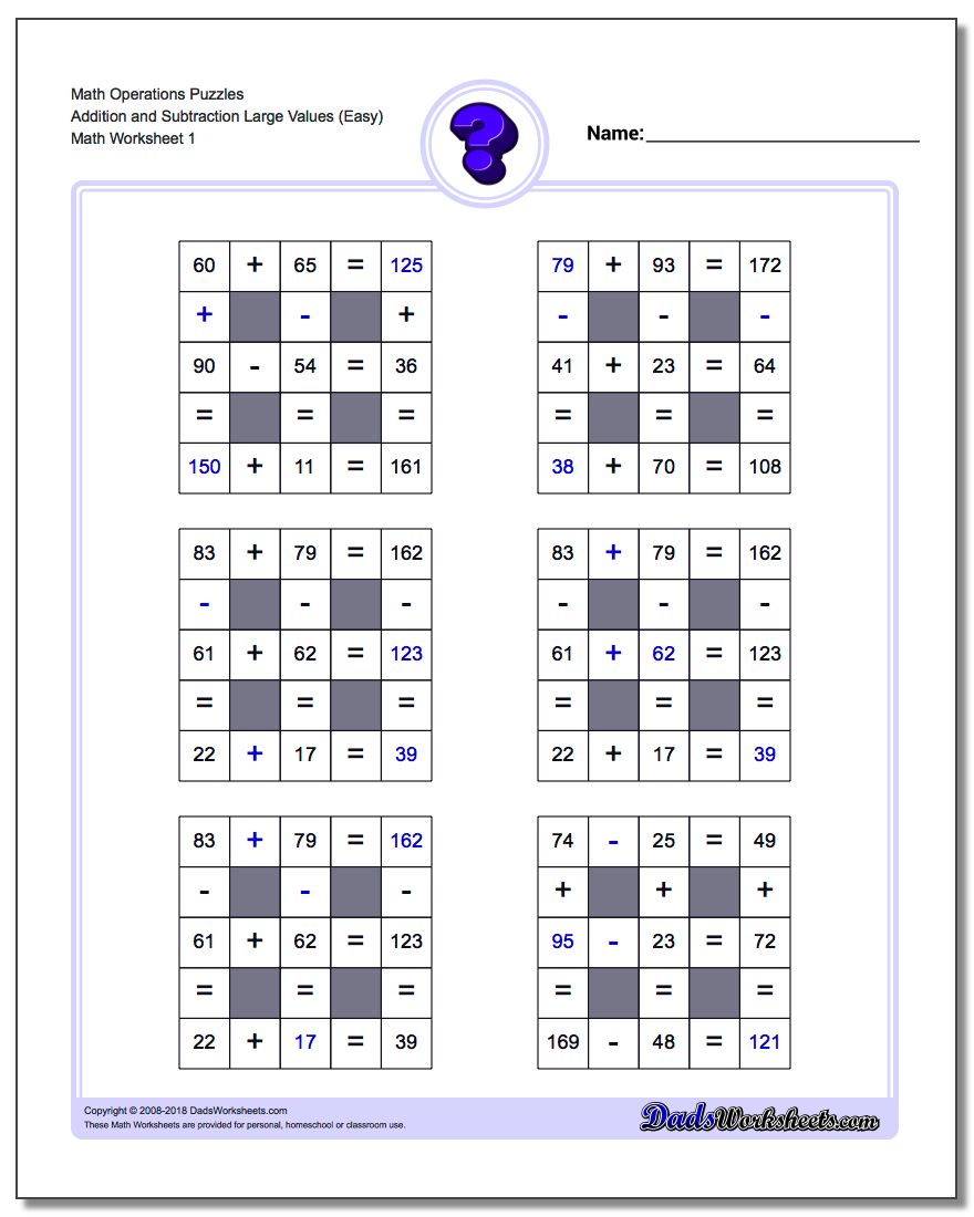 Number Grid Puzzle Addition and Subtraction Logic with Missing Values and Operations (Large)