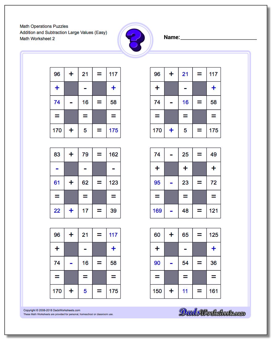 Math Operations Puzzle Addition and Subtraction Large Values (Easy) www.dadsworksheets.com/worksheets/number-grid-puzzles.html