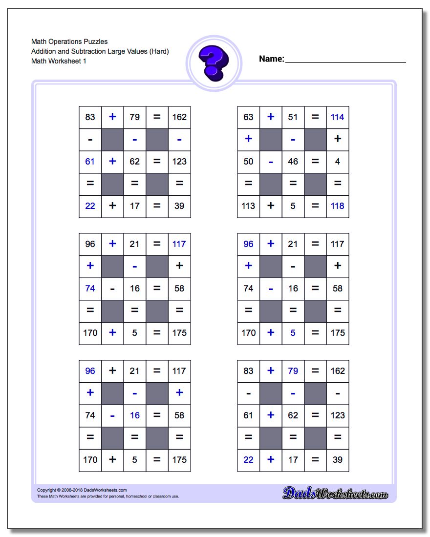 Number Grid Puzzle Math Operations Addition and Subtraction Large Values (Hard)