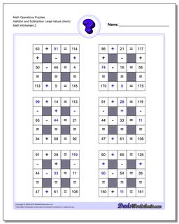 Math Operations Puzzle Addition and Subtraction Large Values (Hard) /worksheets/number-grid-puzzles.html