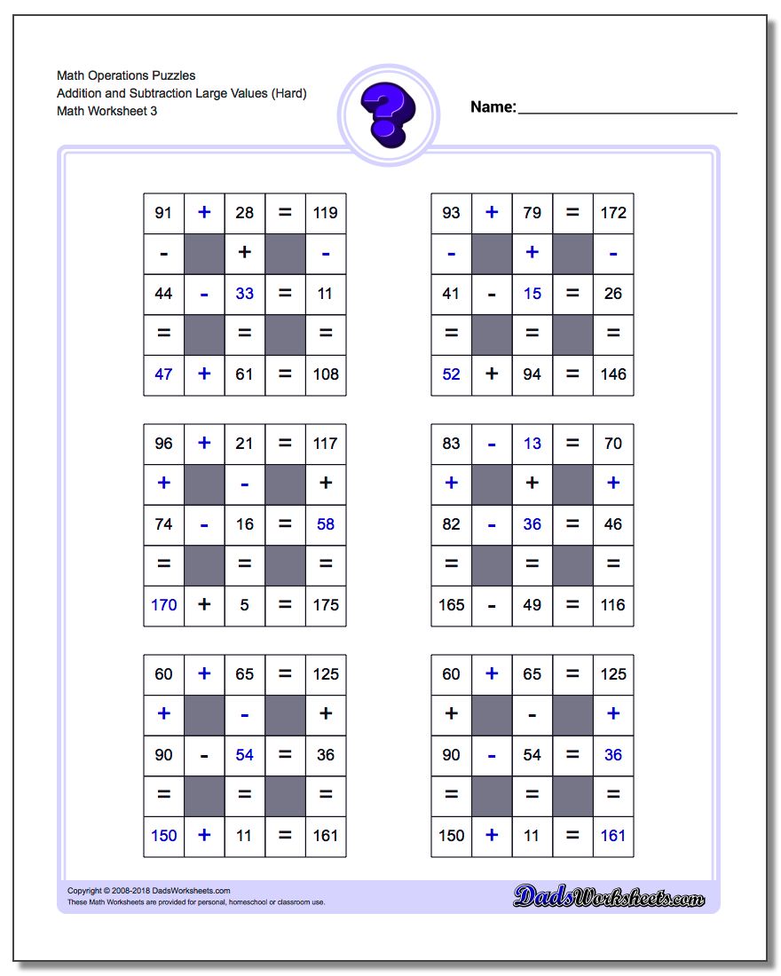 Math Operations Puzzle Addition and Subtraction Large Values (Hard)