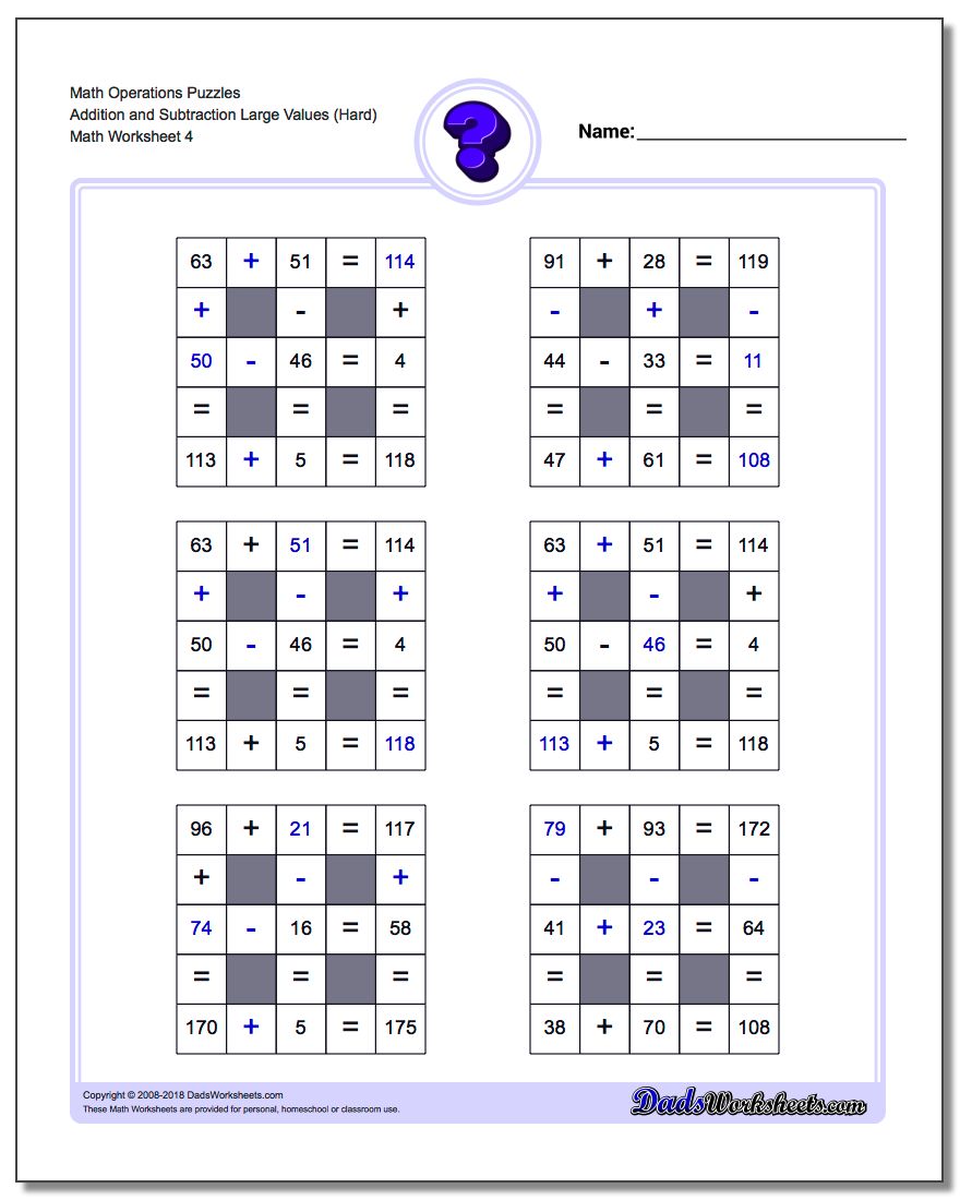 Math Operations Puzzle Addition and Subtraction Large Values (Hard)