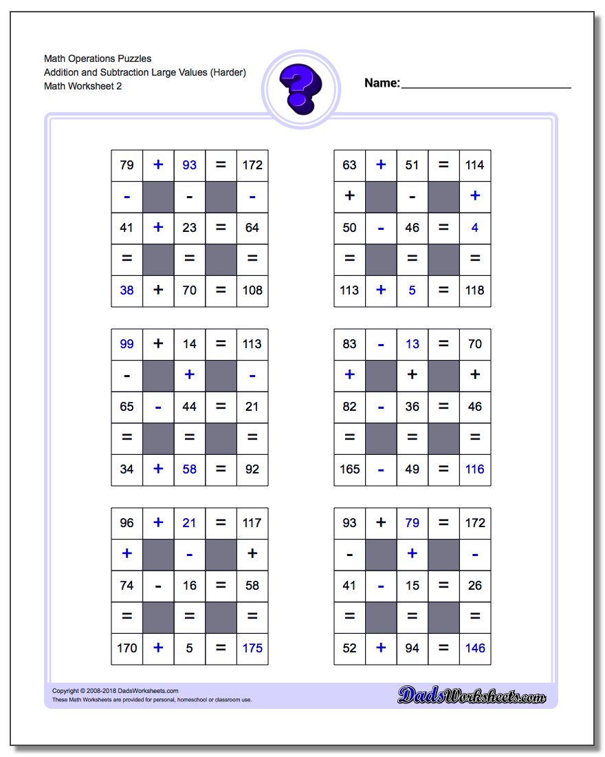 Math Operations Puzzle Addition and Subtraction Large Values (Harder) www.dadsworksheets.com/worksheets/number-grid-puzzles.html