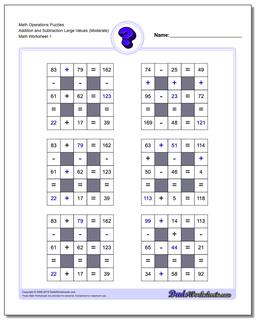 Number Grid Puzzle Math Operations Addition and Subtraction Large Values (Moderate)