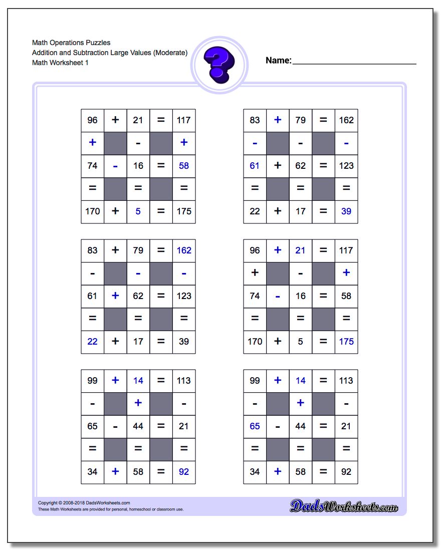Number Grid Puzzle Math Operations Addition and Subtraction Large Values (Moderate)