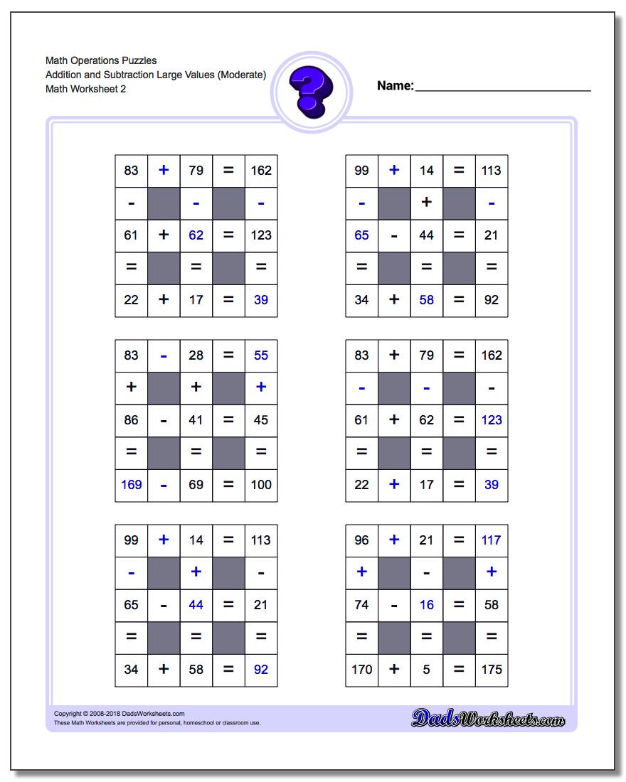 Math Operations Puzzle Addition and Subtraction Large Values (Moderate) www.dadsworksheets.com/worksheets/number-grid-puzzles.html