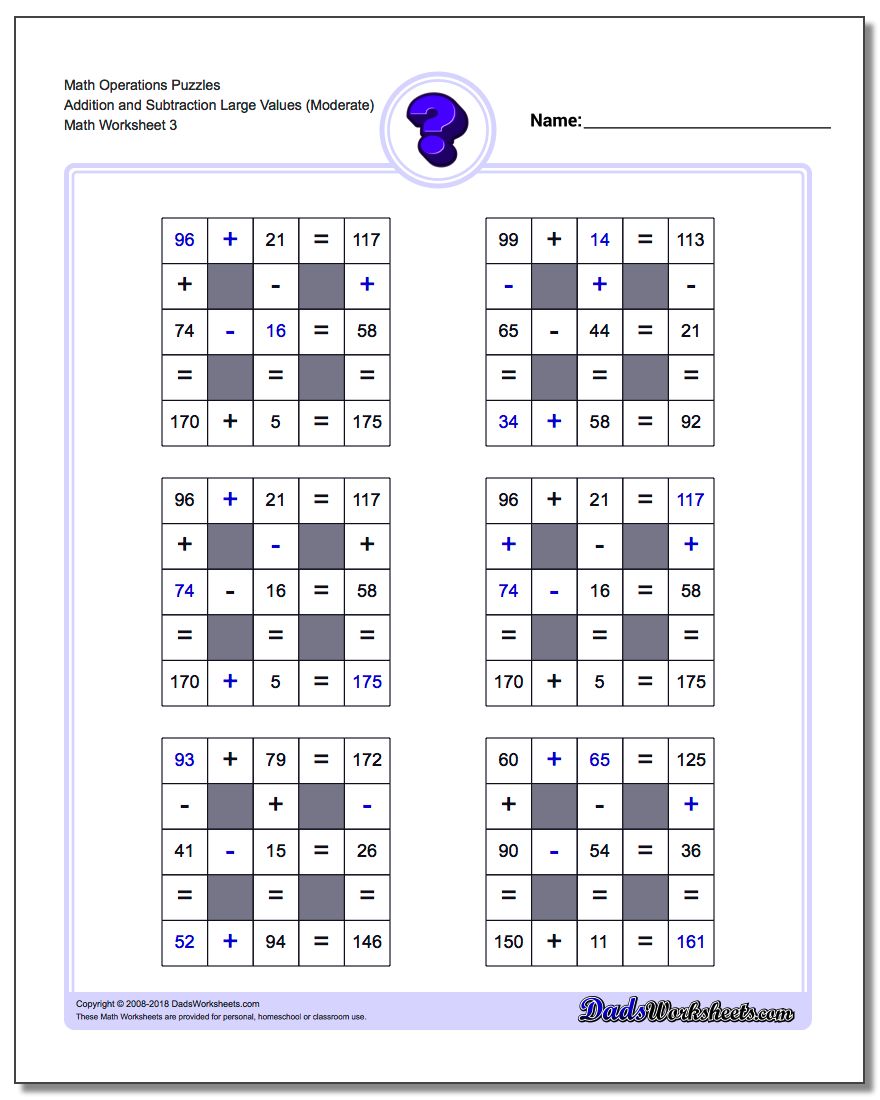 Math Operations Puzzle Addition and Subtraction Large Values (Moderate)