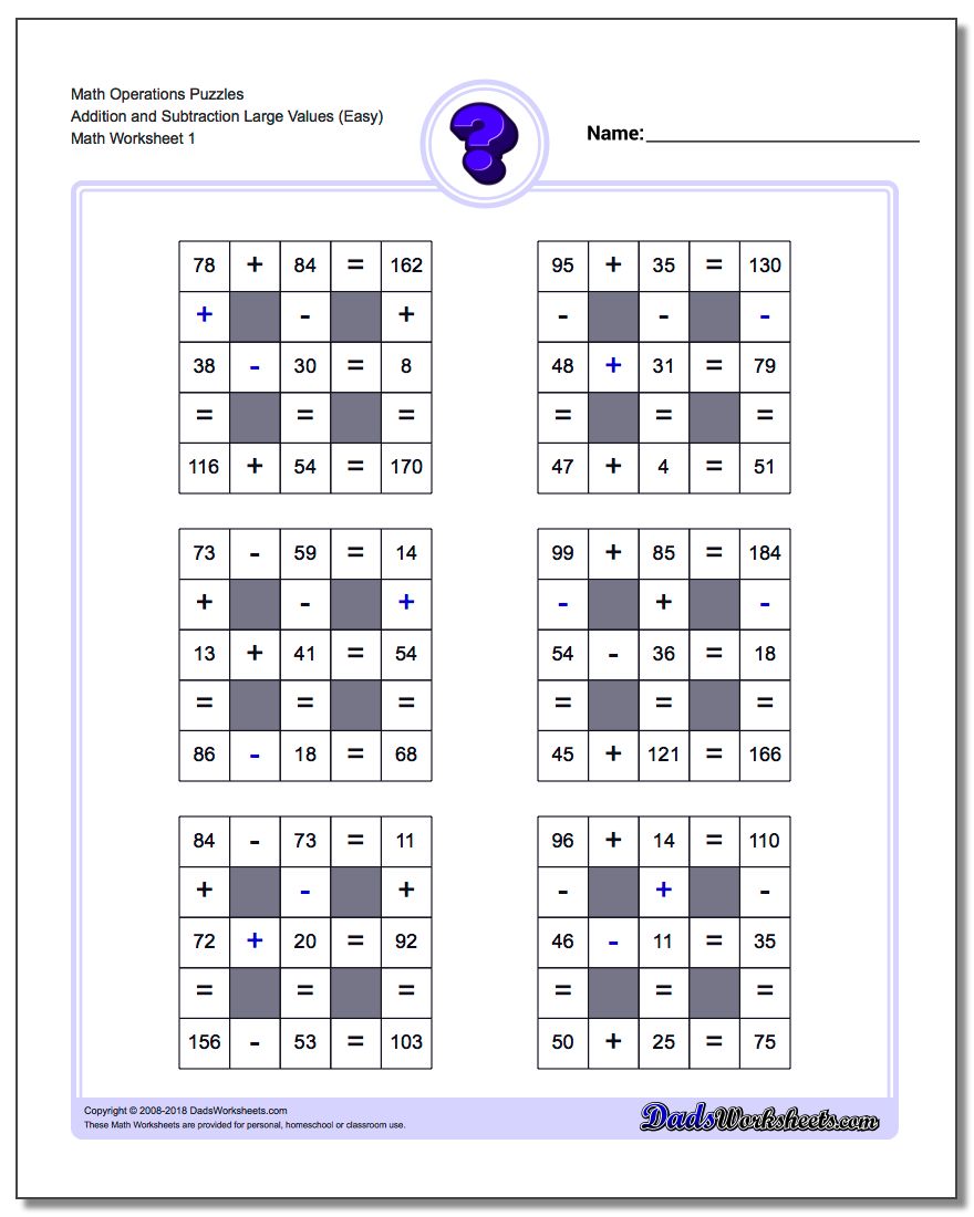 Addition and Subtraction with Missing Operations (Large) Number Grid Puzzle