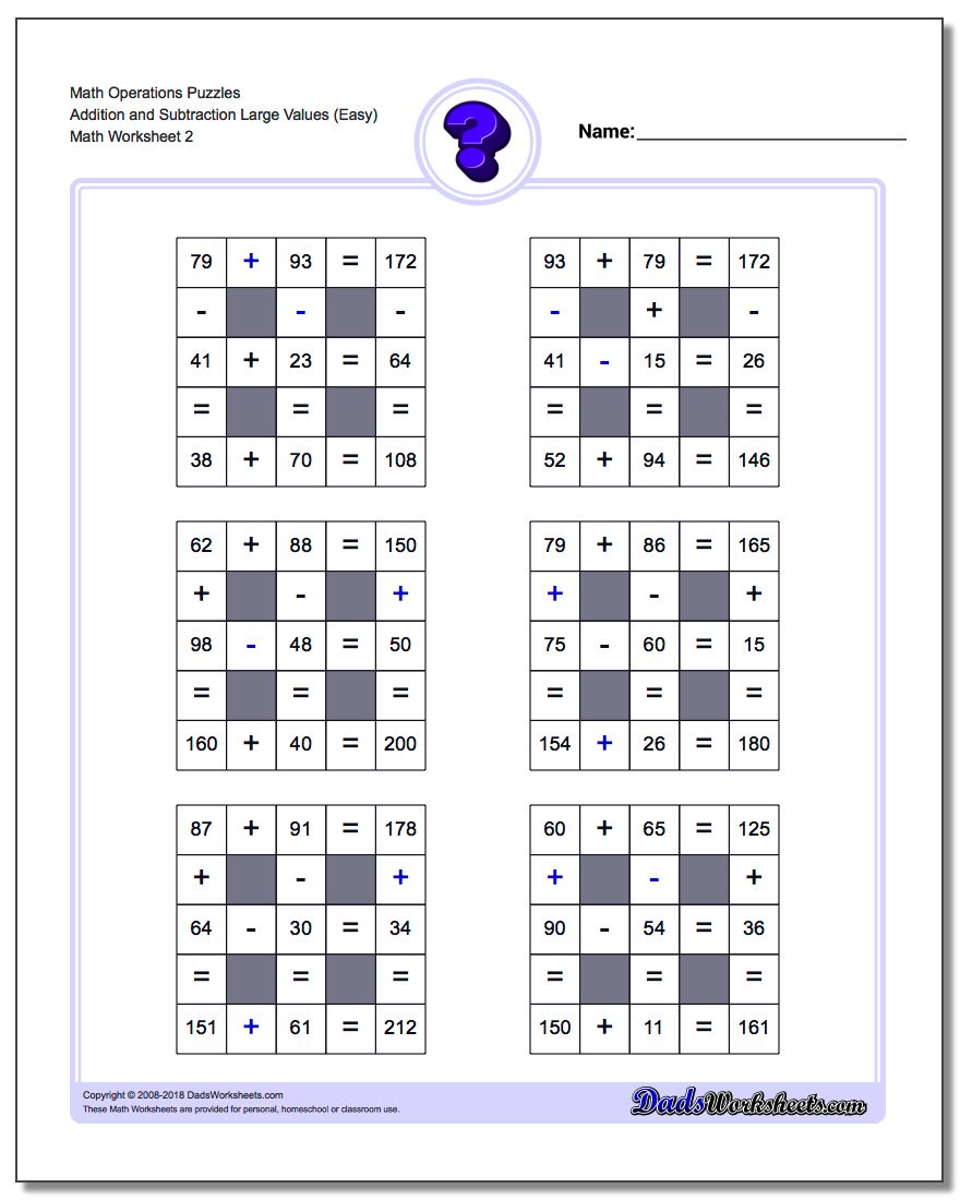 Math Operations Puzzle Addition and Subtraction Large Values (Easy) www.dadsworksheets.com/worksheets/number-grid-puzzles.html